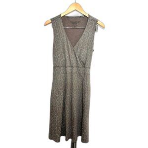 Toad&Co Summer Midi Dress Waist Tie brown blue pattern sz Medium outdoor hiking